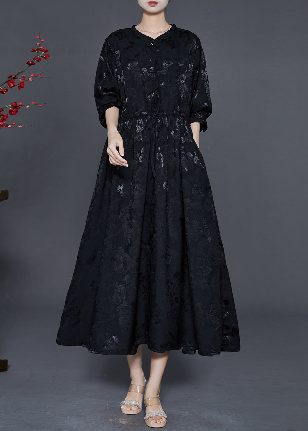 Black Cinched Print Exra Large Hem Silk Dress Fall