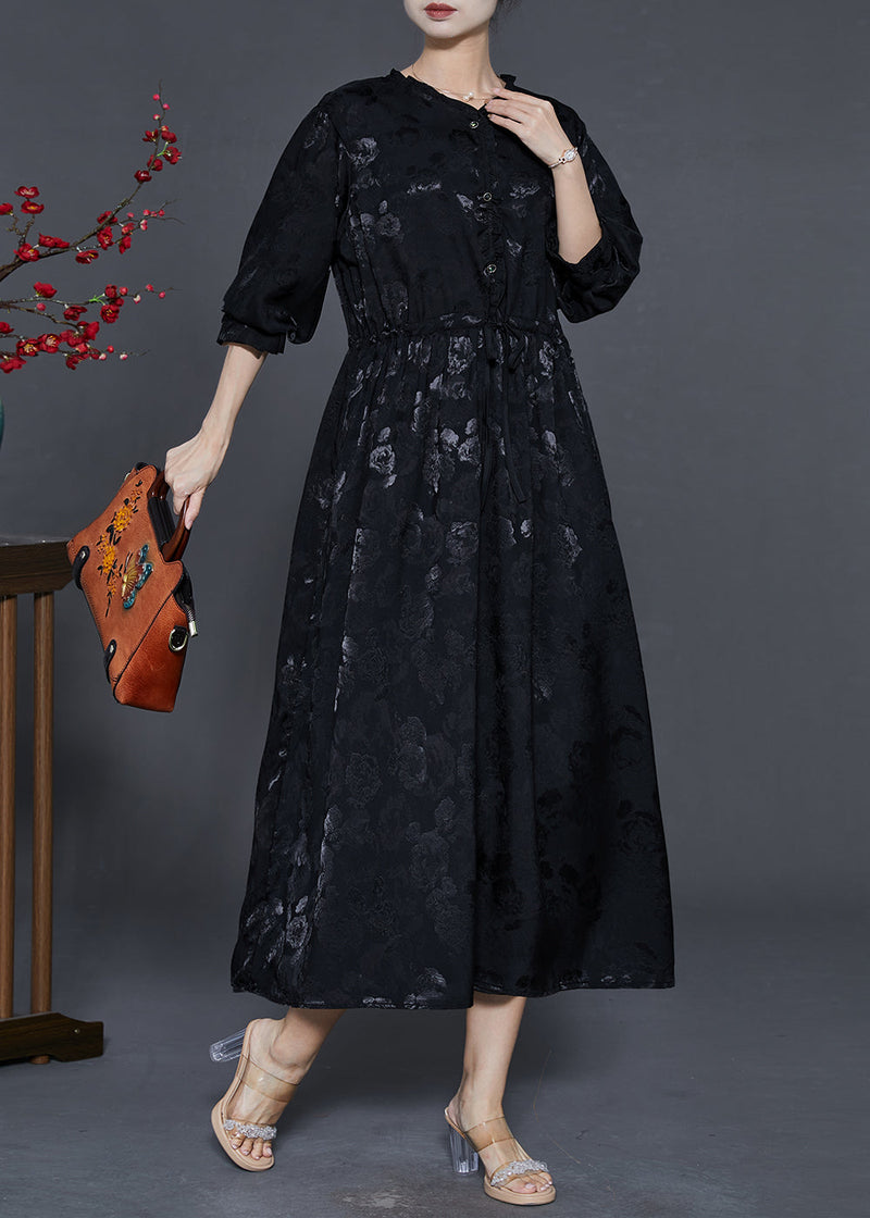 Black Cinched Print Exra Large Hem Silk Dress Fall