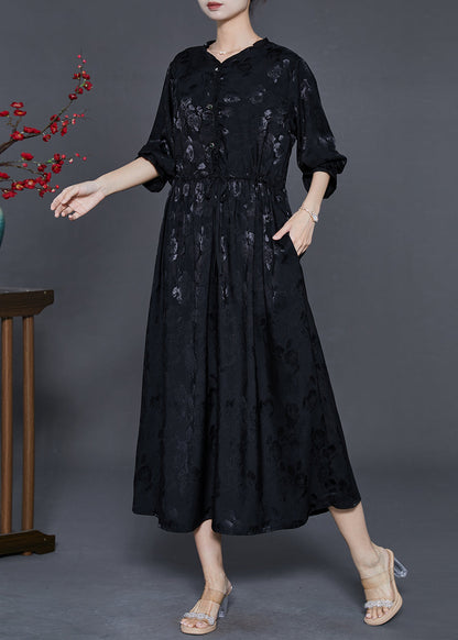 Black Cinched Print Exra Large Hem Silk Dress Fall