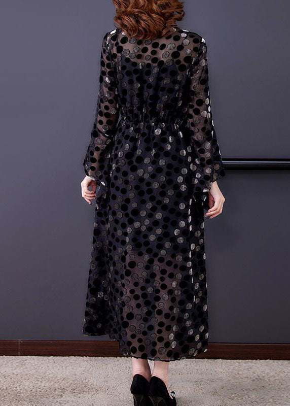 Black Cinched Side Open Dot Silk Velour Maxi Dress Flare Sleeve
