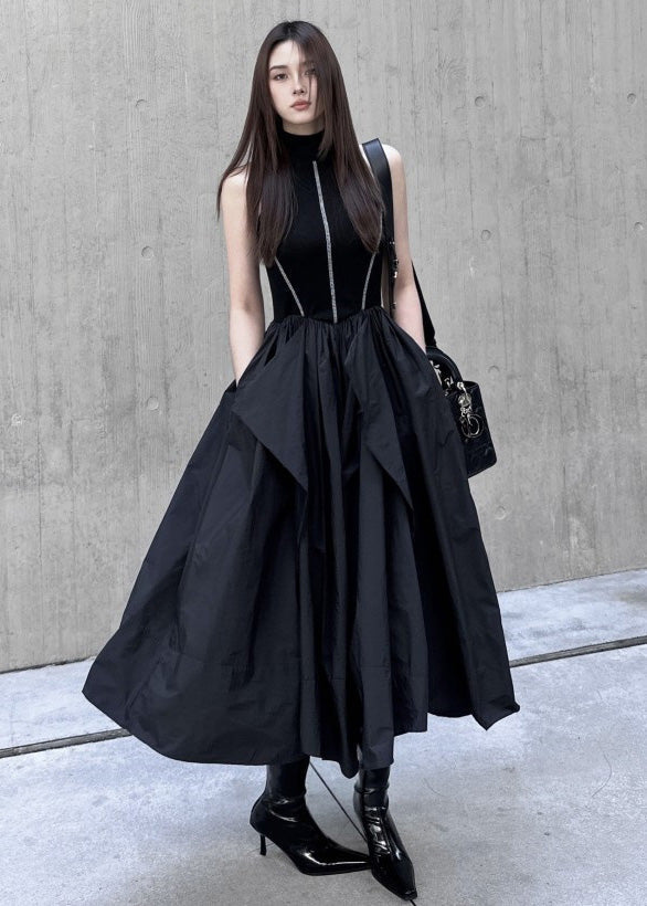 Black Cold Shoulder Patchwork Exra Large Hem Cotton Long Dresses Summer