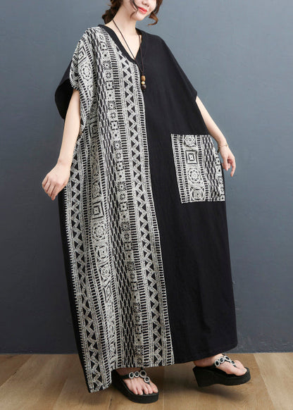 Black Colorblock V Neck Pocket Patchwork Holiday Dress Short Sleeve