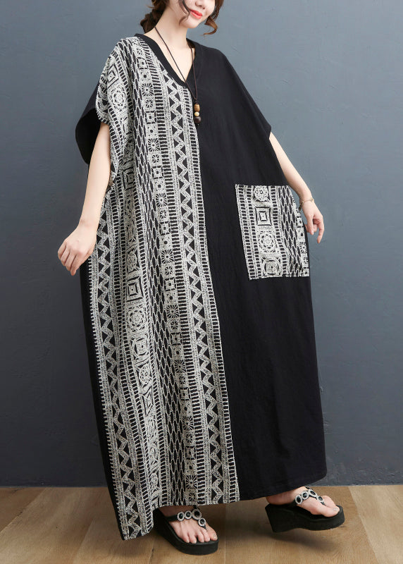 Black Colorblock V Neck Pocket Patchwork Holiday Dress Short Sleeve