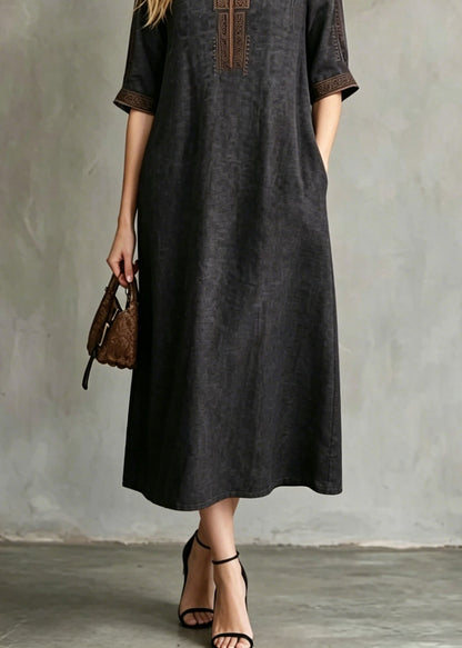 Black Embroidered Button Silk Maxi Dresses Summer