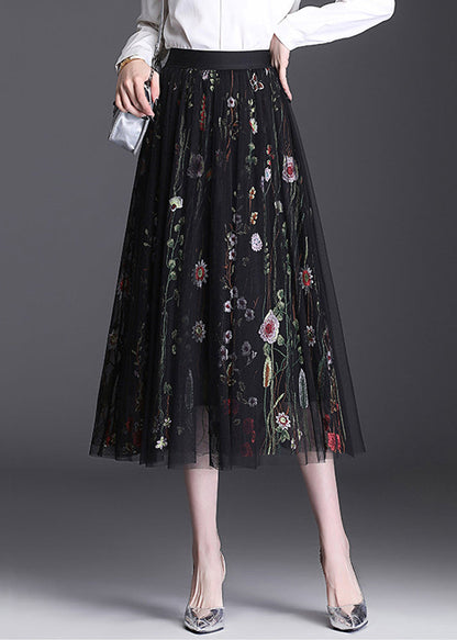 Black Embroidered Elastic Waist Tulle Skirt Summer