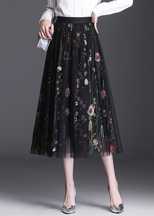 Black Embroidered Elastic Waist Tulle Skirt Summer