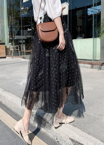 Black Embroidered High Waist Tulle a Line Skirts