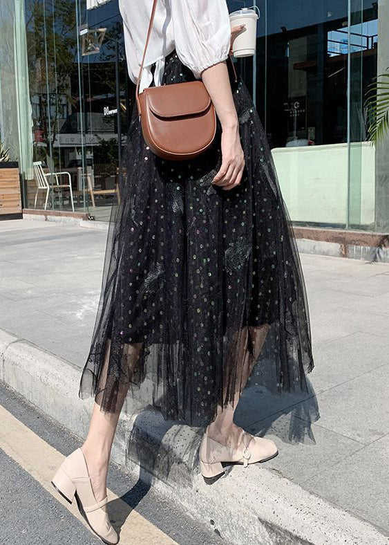 Black Embroidered High Waist Tulle a Line Skirts