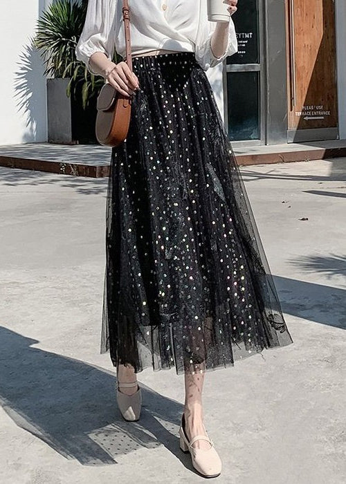 Black Embroidered High Waist Tulle a Line Skirts