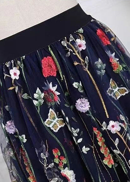 Black Embroidered High Waist Tulle Skirts Spring