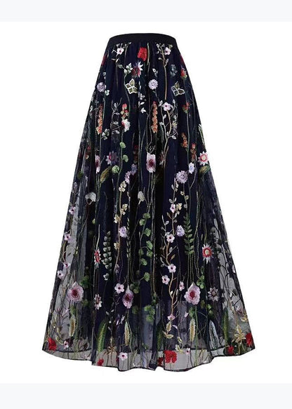 Black Embroidered High Waist Tulle Skirts Spring