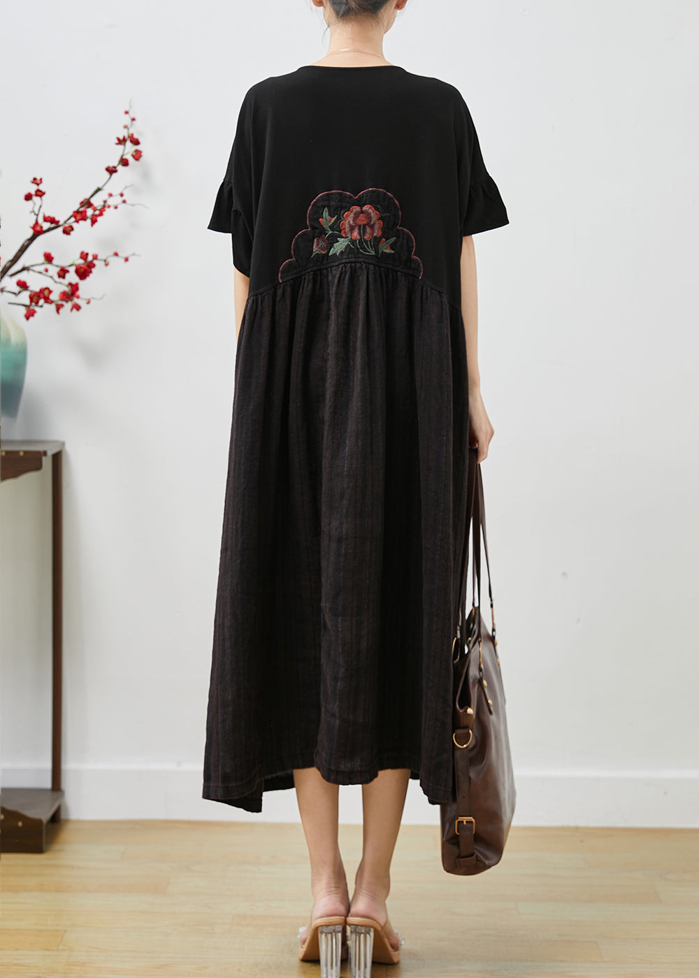 Black Embroidered Patchwork Cotton Long Dress Summer