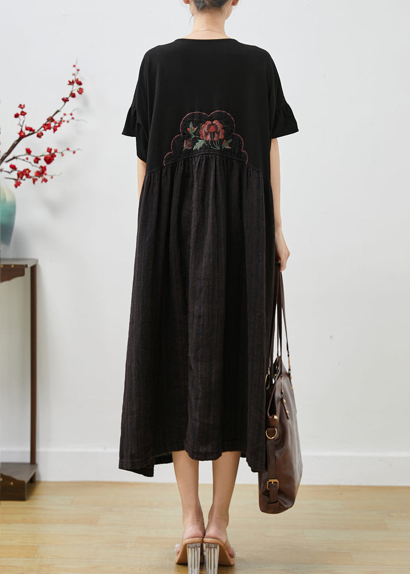 Black Embroidered Patchwork Cotton Long Dress Summer