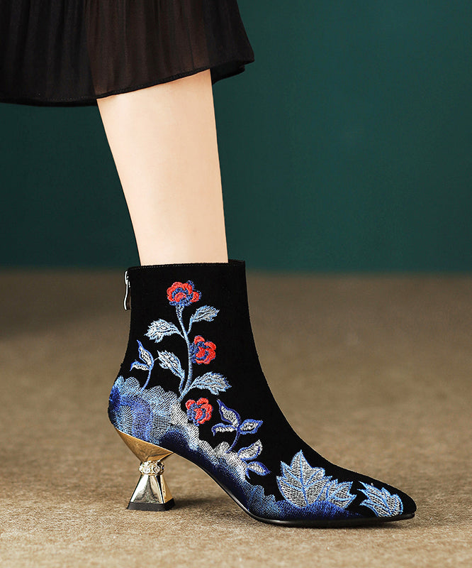 Black Embroidered Zippered Suede High Heels