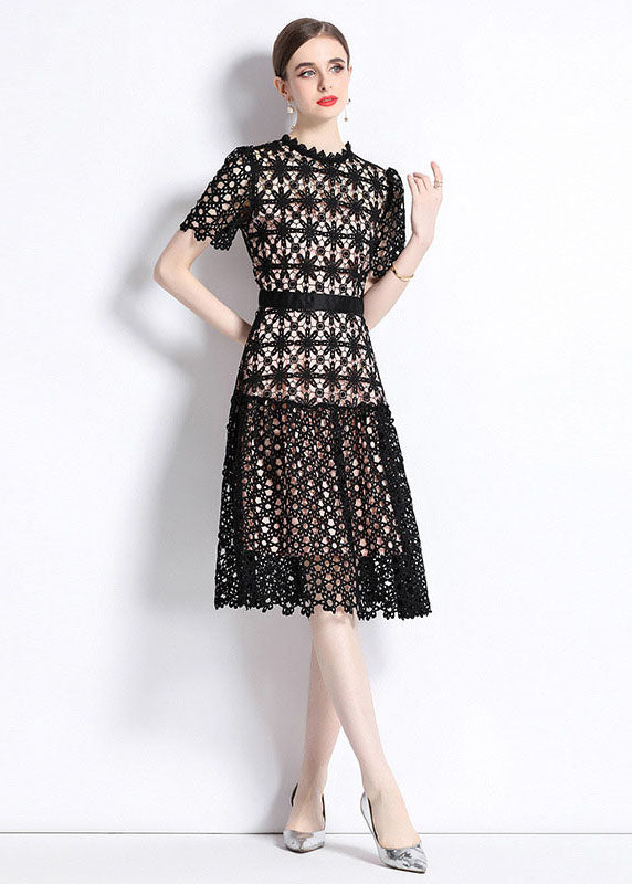 Black Embroideried Hollow Out Patchwork Lace Dress Summer