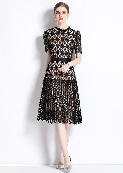Black Embroideried Hollow Out Patchwork Lace Dress Summer