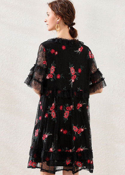 Black Embroideried Patchwork Lace Mid Dress Short Sleeve