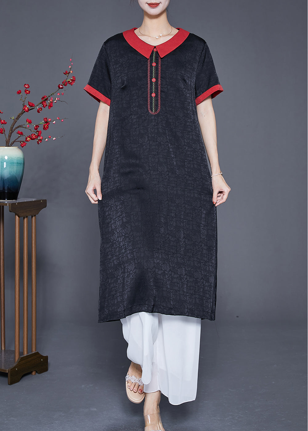 Black Embroideried Patchwork Silk Dress Summer
