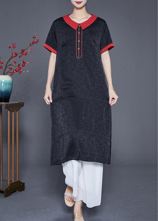 Black Embroideried Patchwork Silk Dress Summer