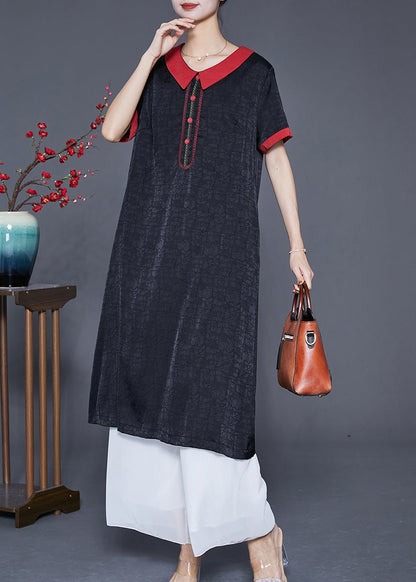 Black Embroideried Patchwork Silk Dress Summer