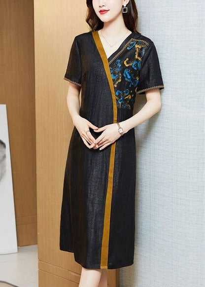 Black Embroideried Patchwork Silk Holiday Dress Summer