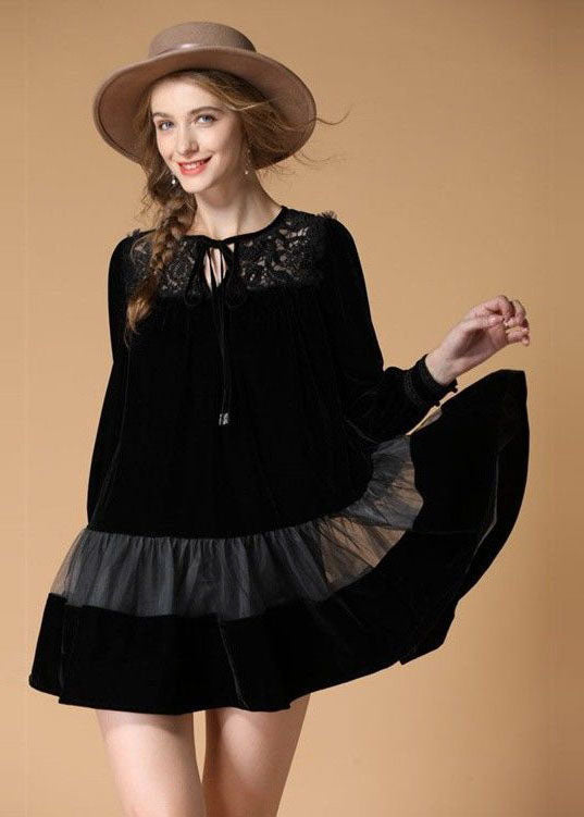 Black Embroideried Patchwork Velour Mini Dress Spring