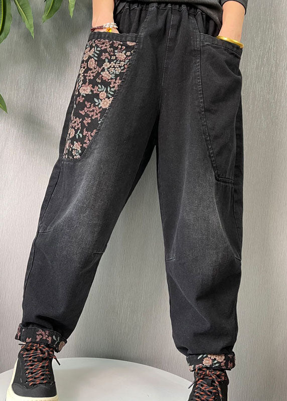 Black Embroideried Pockets Denim Pants Spring