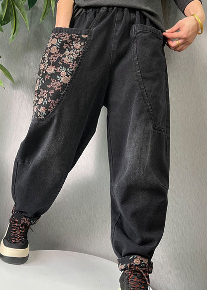 Black Embroideried Pockets Denim Pants Spring