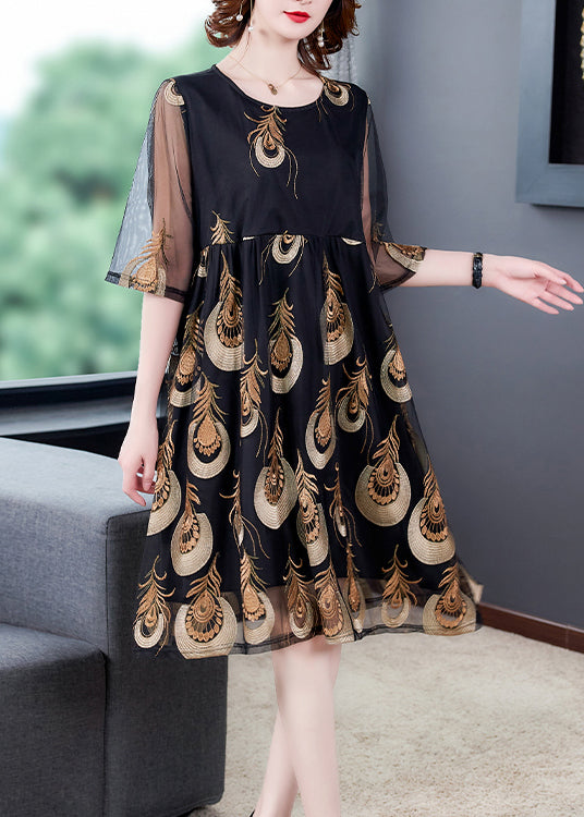 Black Embroideried Tulle Patchwork Wrinkled Chiffon Dress Half Sleeve