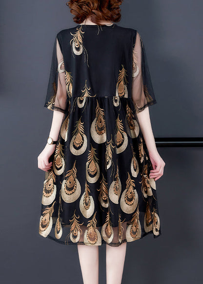 Black Embroideried Tulle Patchwork Wrinkled Chiffon Dress Half Sleeve