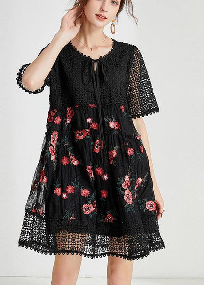 Black Embroidery Lace Bow Summer Dress