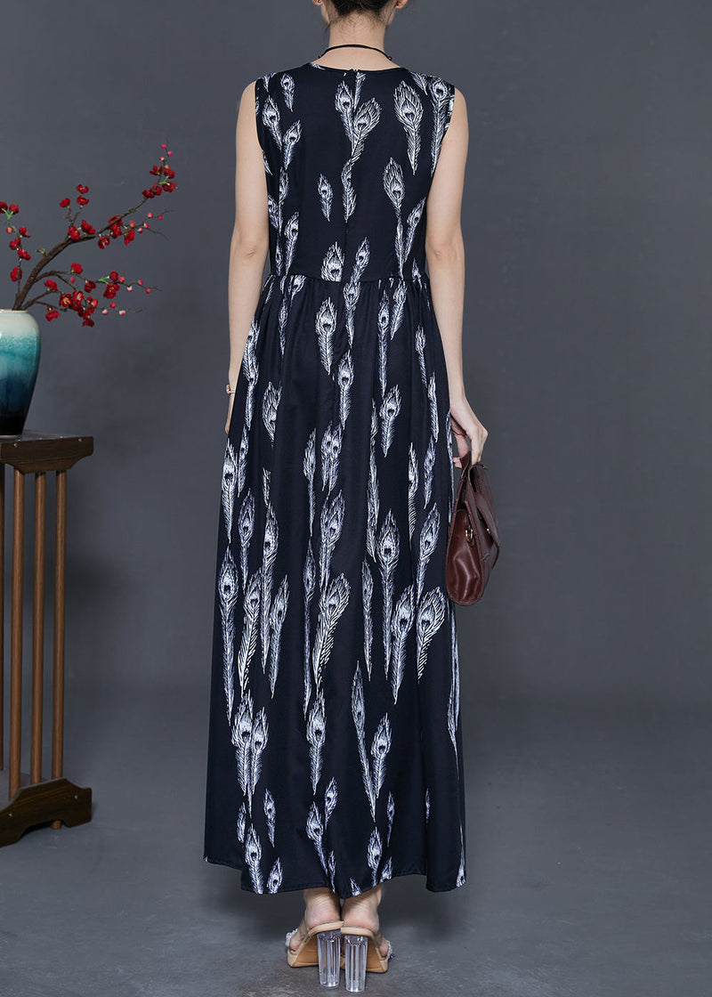 Black Feather Print Chiffon Holiday Dress Summer