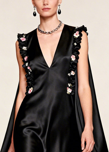 Black Exra Large Hem Silk Evening Dress Sleeveless