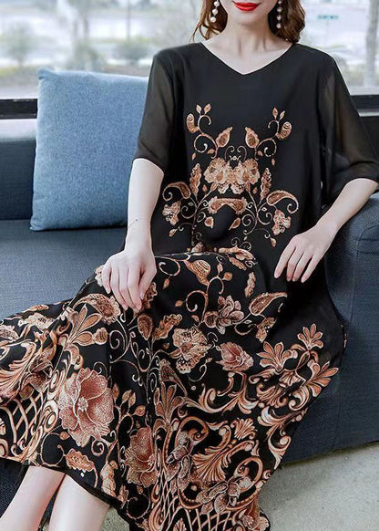 Black Gold V Neck Print Patchwork Chiffon Dress Summer