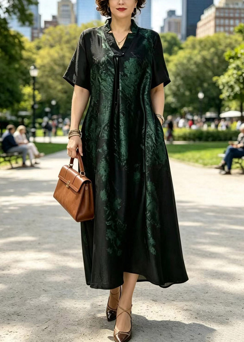 Black Gold V Neck Wrinkled Patchwork Silk Long Dresses Summer