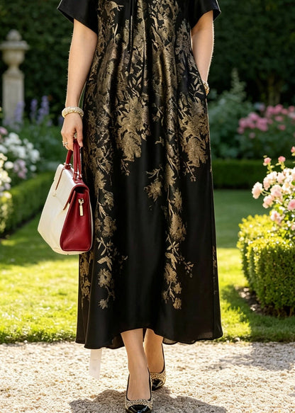 Black Gold V Neck Wrinkled Patchwork Silk Long Dresses Summer