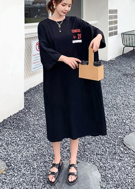 Black Graphic Cotton O Neck Summer Mid Dress