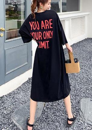 Black Graphic Cotton O Neck Summer Mid Dress