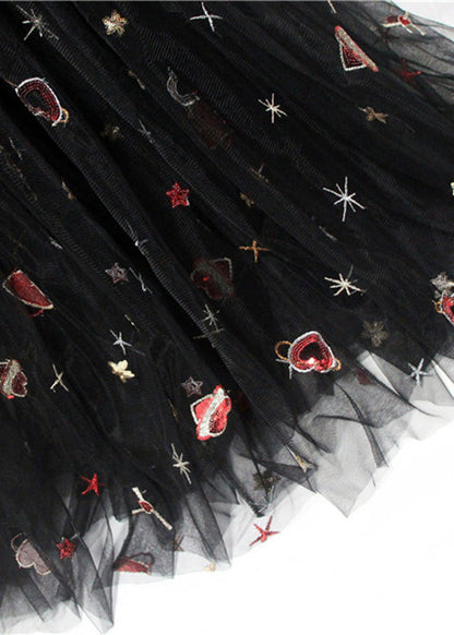 Black Hearts Embroideried Sequins Tulle Long Skirt Spring