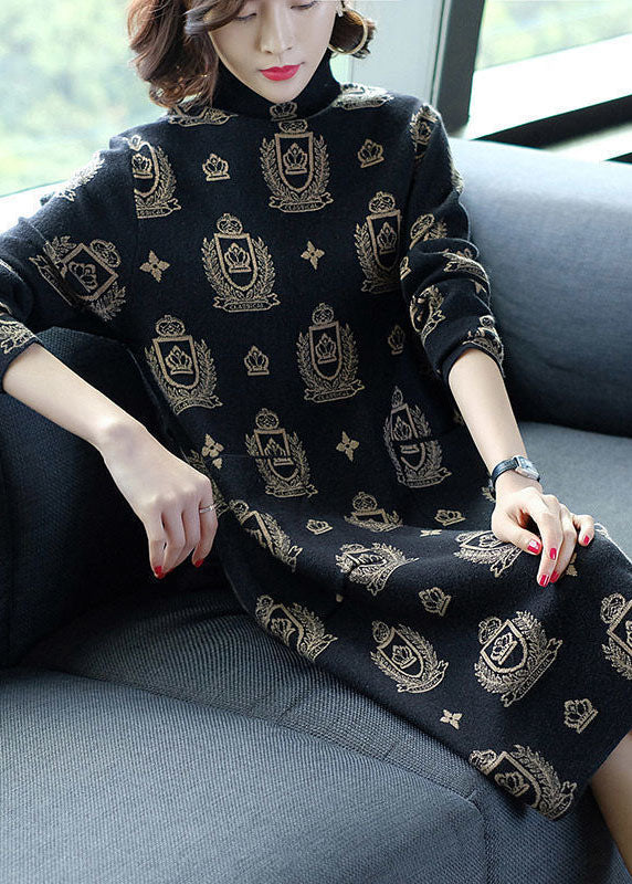 Black High Neck Print Pockets Knit Sweater Dress Long Sleeve