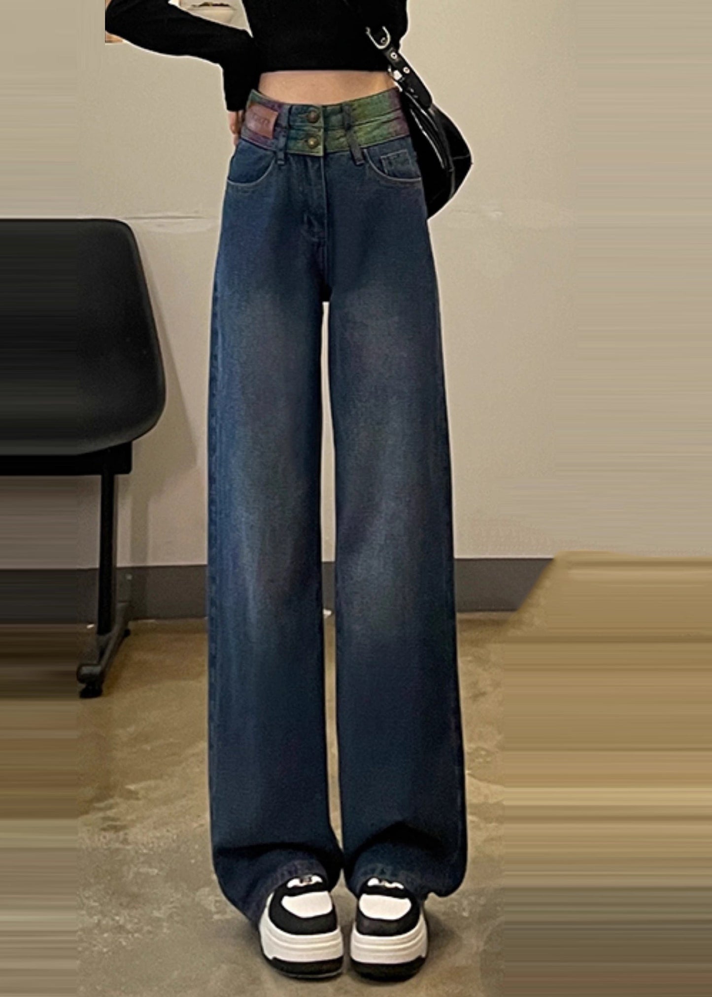 Black High Waist Patchwork Denim Straight Pants Spring