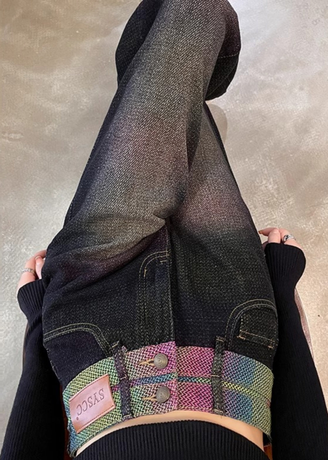 Black High Waist Patchwork Denim Straight Pants Spring