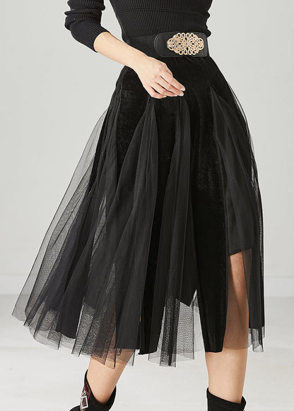 Black High Waist Patchwork Tulle Velvet Dress Spring