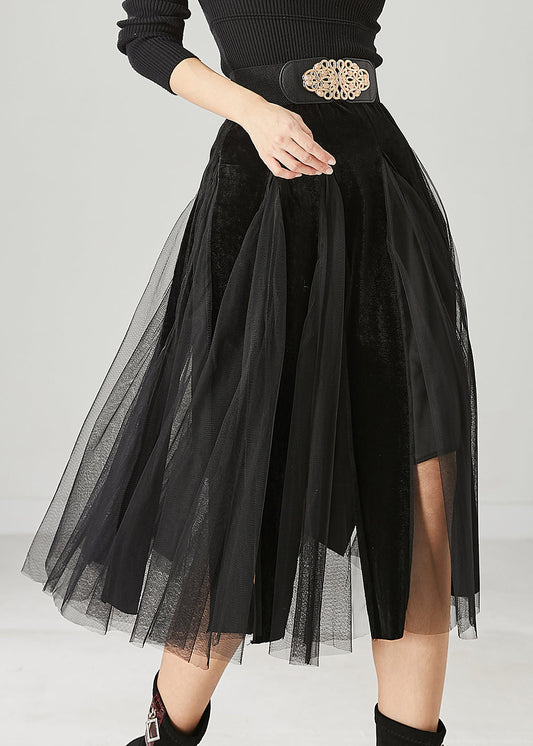 Black High Waist Patchwork Tulle Velvet Dress Spring