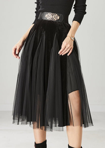 Black High Waist Patchwork Tulle Velvet Dress Spring