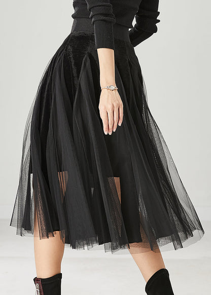 Black High Waist Patchwork Tulle Velvet Dress Spring