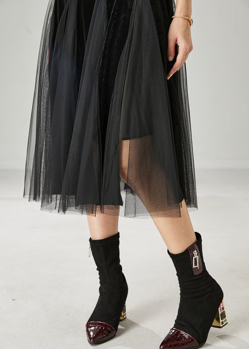 Black High Waist Patchwork Tulle Velvet Dress Spring