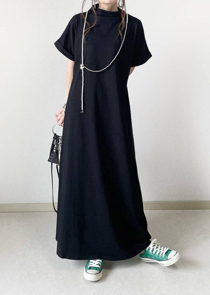 Black Hign Neck Patchwork Cotton Ankle Dress Batwing Sleeve