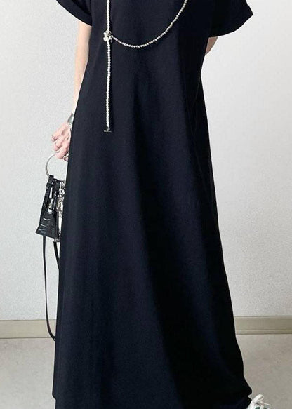 Black Hign Neck Patchwork Cotton Ankle Dress Batwing Sleeve