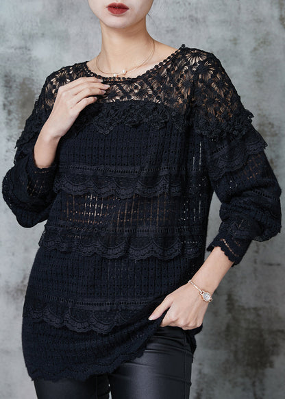 Black Hollow Out Patchwork Lace Knit Shirts Spring
